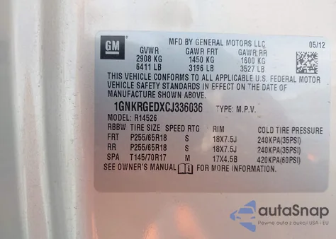 2012 Chevrolet Traverse 1Lt из США, поврежденный, VIN 1GNKRGEDXCJ336036